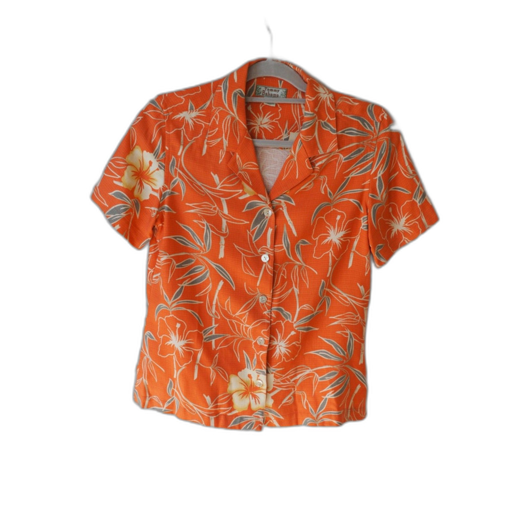Tommy Bahama Women's XS Orange Silk Tropical Floral Hibiscus Camp Shirt Top